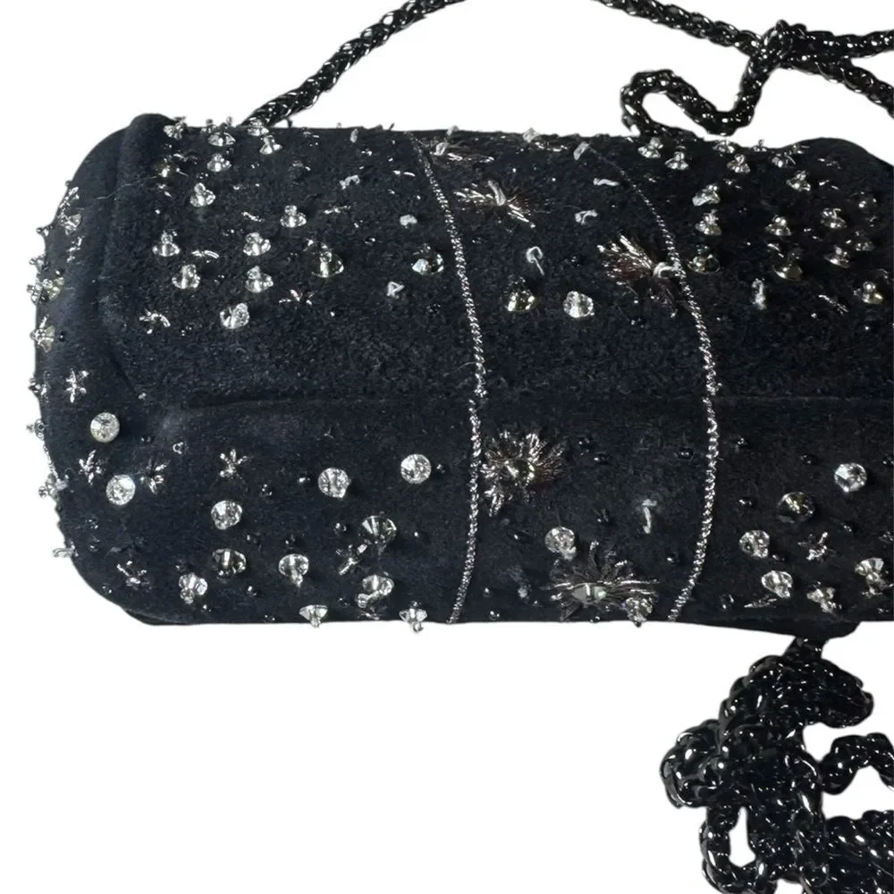 CHRISTIAN LOUBOUTIN Black Suede Sweet Charity Embellished Crossbody Evening Bag